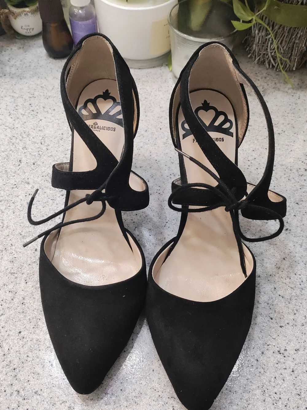 Fergalicious Black Pointed Toe Lace-Up Heels